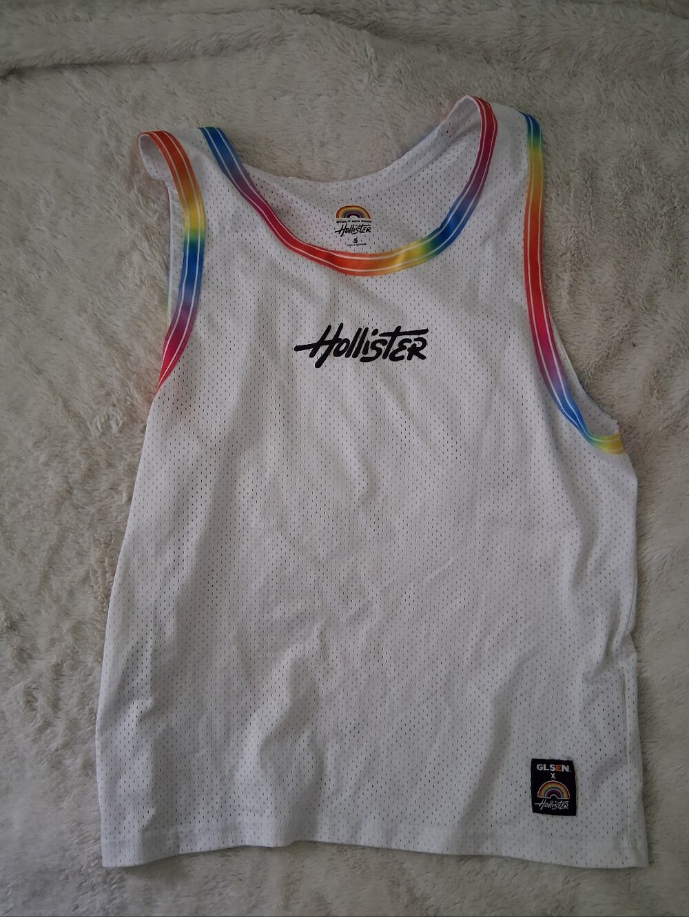 Hollister White Mesh Tank with Rainbow Trim Accents, Pride